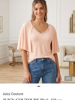 ​Juicy Couture Pastel Pink Beaded V-Neck Capelet Top - Flutter Sleeve Overlay L